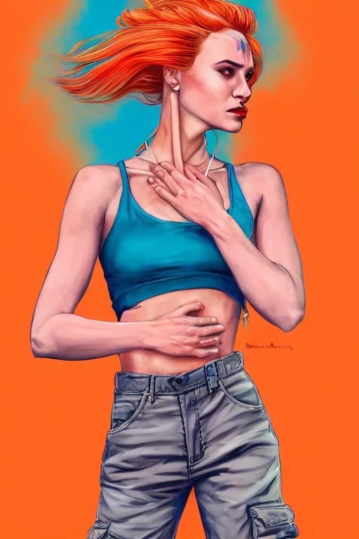 Prompt: a award winning half body portrait of a beautiful caucasian woman in a croptop and cargo pants with ombre orange blue teal hairstyle with head in motion and hair flying by martine johanna and will eisner, outrun, vaporware, digital art, trending on artstation, highly detailed, fine detail, intricate