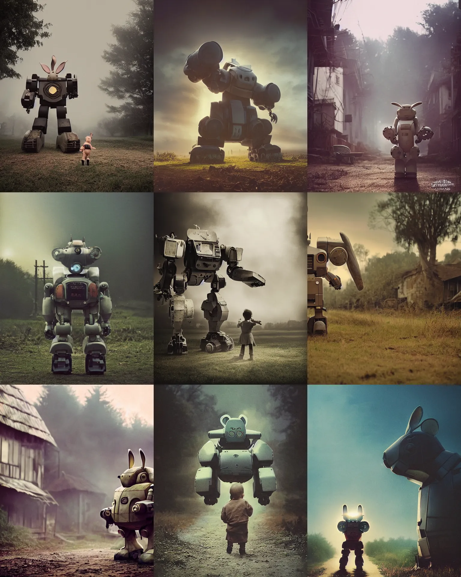 Prompt: giant oversized battle rabbit robot chubby mech baby with big ears on a village, Cinematic focus, Polaroid photo, vintage, neutral colors, soft lights, foggy, by gregory crewdson