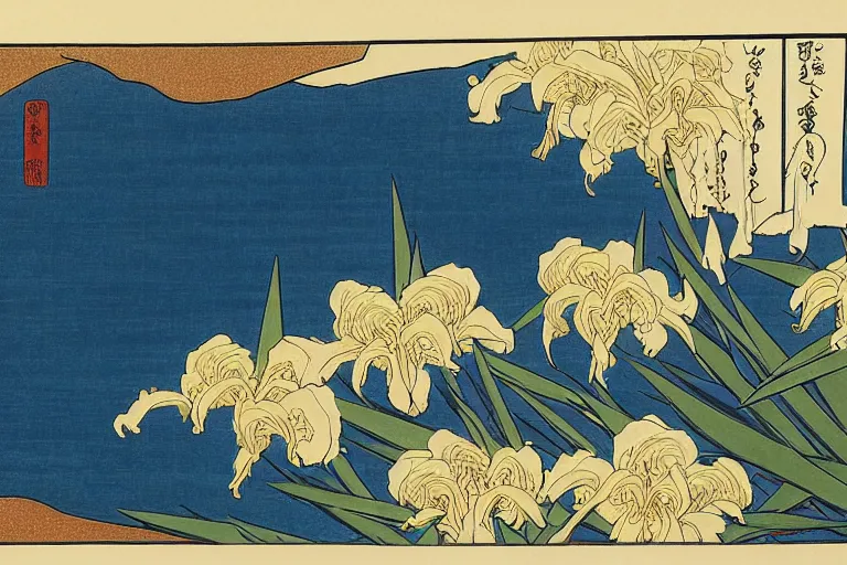 Prompt: an amazing ukiyo - e drawing of a scene with irises by katsushika hokusai, utagawa kuniyoshi and utagawa hiroshige and van gogh, masterpiece, hyperdetailed!!!, intricate, complex, closeup, 4 k