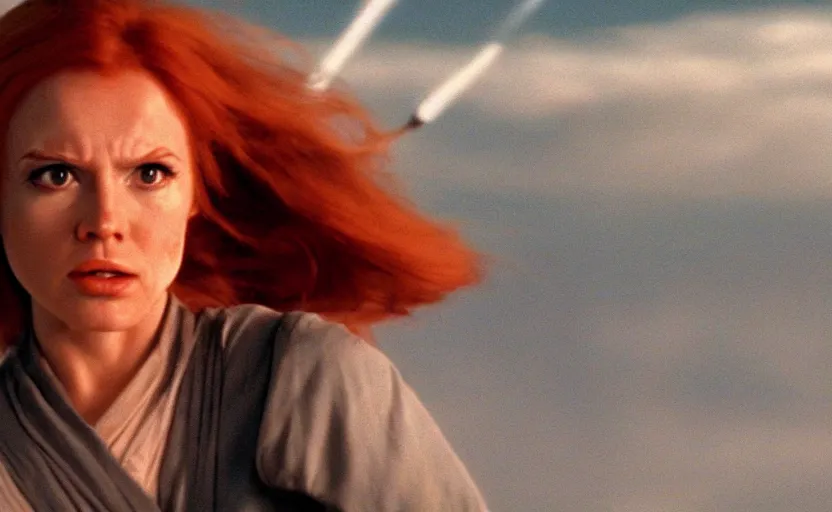 Image similar to screenshot of Julian Moore as Mara Jade, the female jedi, from the film 2001 Space Oddyssey (1968) directed by Stanley Kubrick, 4k still frame, windy hair, cinematic lighting, stunning cinematography, hyper detailed scene, anamorphic lenses, kodak color film stock