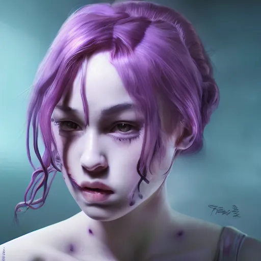 Prompt: artstation young teen with purple eyes and tentacles on her head in fury, very detailed, in glass town, portrait, ultra realistic