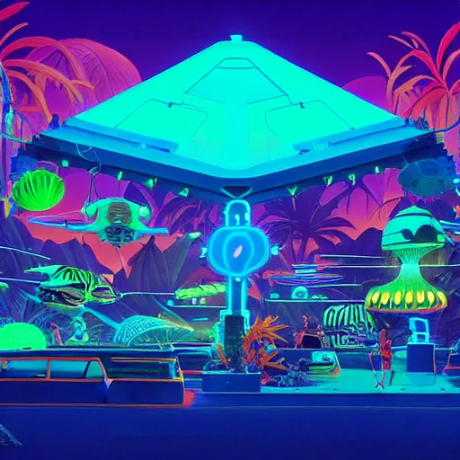 Image similar to a bioluminescent neon tropical market by paolo eleuteri serpieri and tomer hanuka and chesley bonestell and daniel merriam and tomokazu matsuyama, unreal engine, high resolution render, featured on artstation, octane, 8 k, highly intricate details, vivid colors, vector illustration