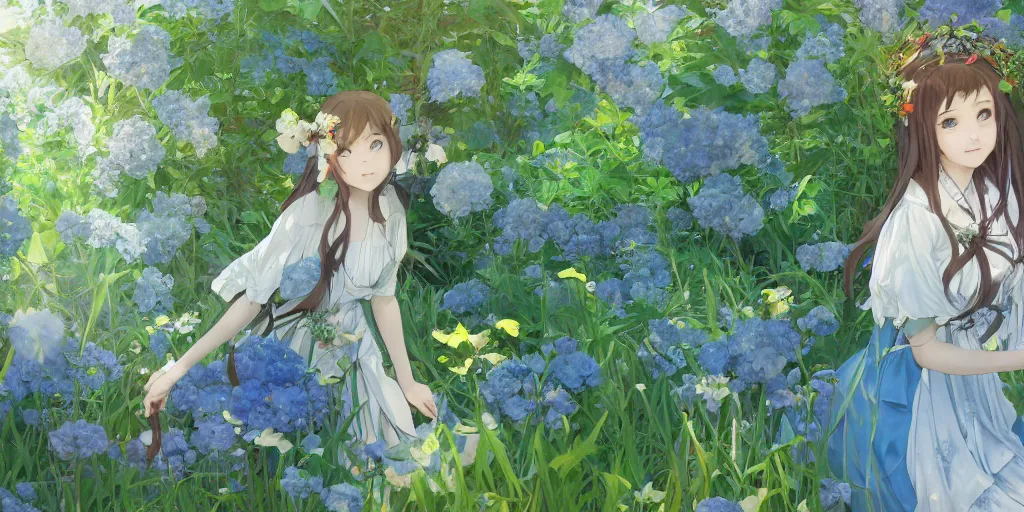 Image similar to a digital art of a loli with long hair in a dress in the privet garden at after noon, green and warm theme, blue flowers accents, back lighting, by krenz cushart and mucha and akihito yoshida and greg rutkowski and makoto shinkai, highly detailed, 4 k resolution, trending on art station