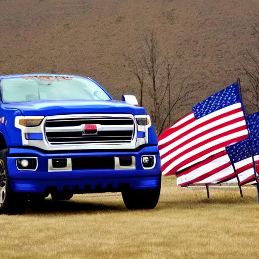 Image similar to photo of big blue biden pickup trucks with american flags on them. biden is written on the side of the truck.