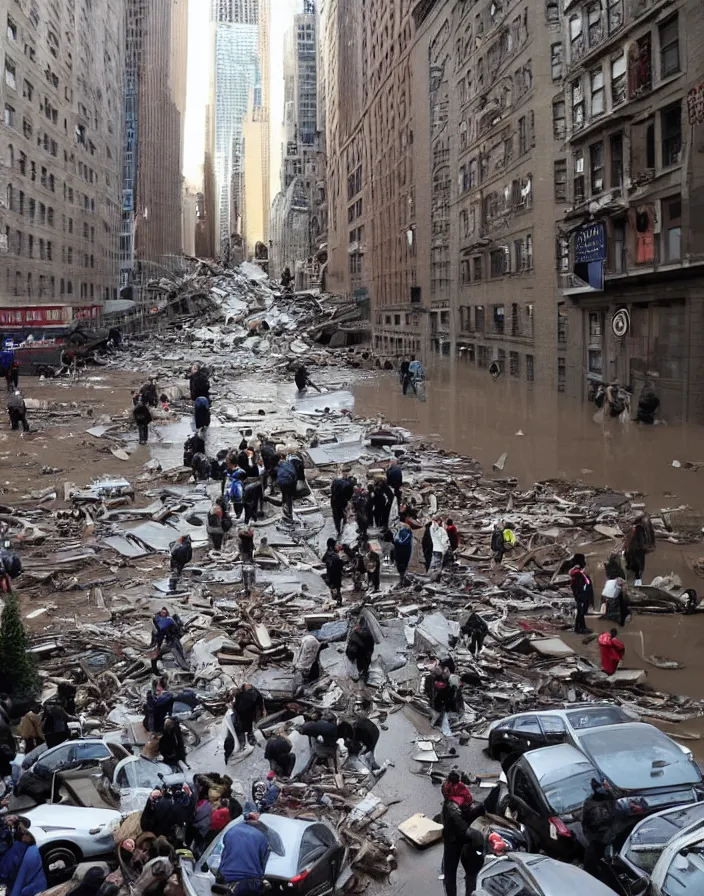 Prompt: world collapse, new york city residents trying to leave, no food, mass evacuation, tunnels closed by flood doors, roadblocks, no one allowed to leave new york, in the style of escape new york, complete chaos.