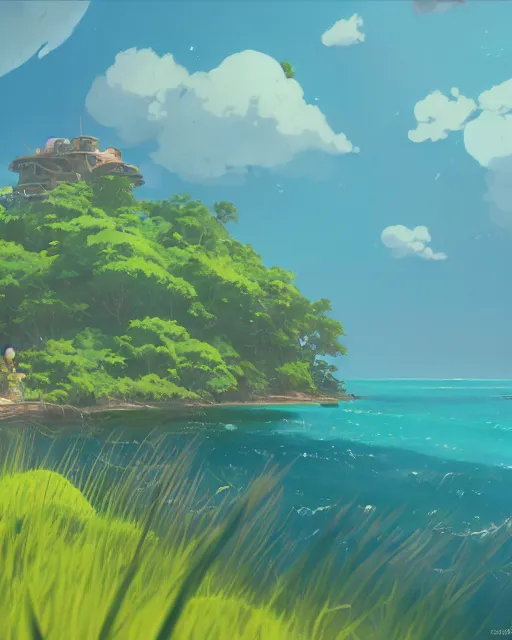 Prompt: small fishing boats around turtle shaped island, lush vegetation, azure water, glowing light, cory loftis, james gilleard, atey ghailan, makoto shinkai, goro fujita, studio ghibli, rim light, exquisite lighting, clear focus, very coherent, plain background, soft painting