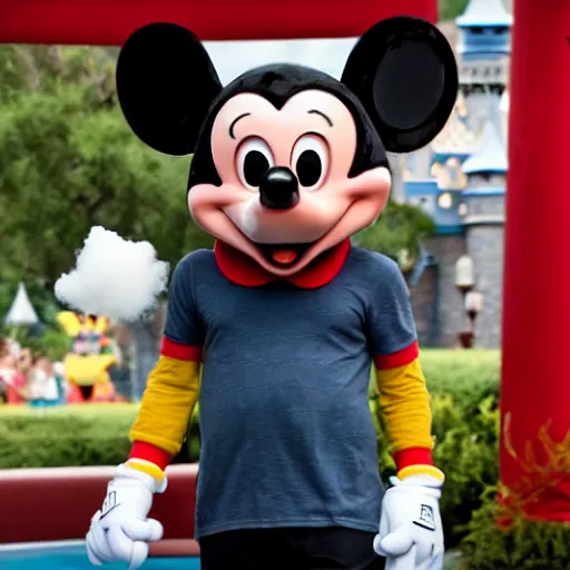 Image similar to dexter morgan visiting disneyworld wearing mickey mouse ears and eating cotton candy, telephoto lense