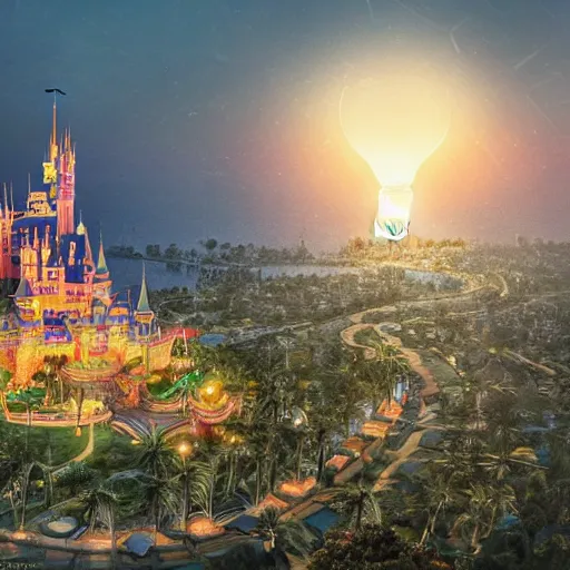 Prompt: the disney castle surrounded by giant palm trees on a giant floating island in the sky at night, a huge light bulb illuminates the island from above, cinematic, digital art by erik johansson, 8 k resolution, hyper detailed, sharp focus