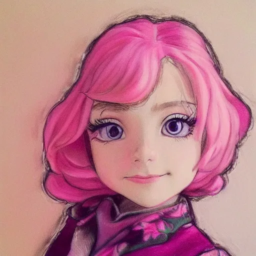 Image similar to beautiful pink little girl, profile picture, vintage fashion, highly detailed, reflection, realistic artwork, hd, inspired by jojo bizarre adventure