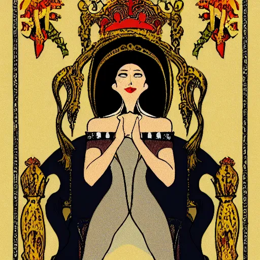 Image similar to portrait of an evil queen, sitting on a throne of swords