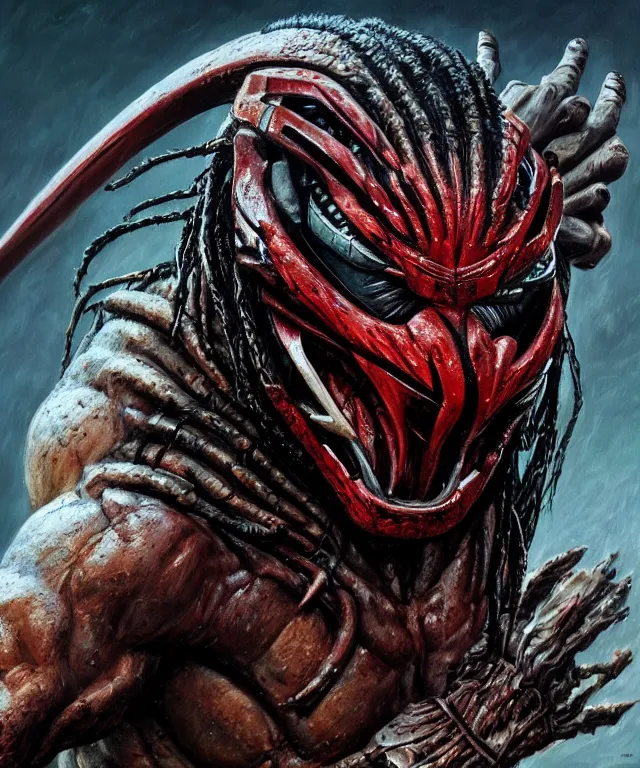 Prompt: an action shot of the predator by chris ayers, oil on canvas, deep depth field, masterpiece, by ken barthelmey and stan winston, trending on artstation, featured on pixiv, cinematic composition, hyper - detailed, hd, hdr, 4 k, 8 k