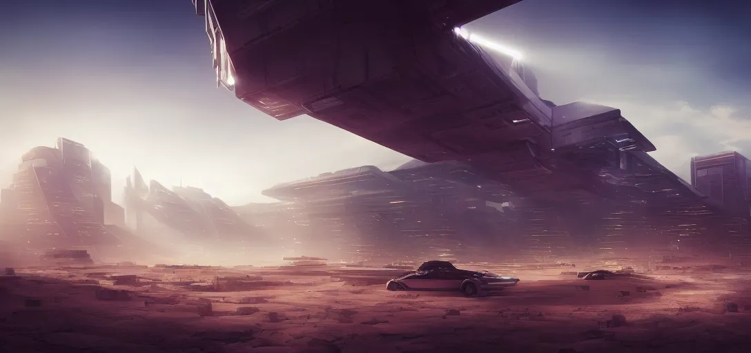 Image similar to view from the desert ground of futuristic mechanical blade runner cubes cyberpunk architecture, light rays, symmetry, cinematic lighting, ultra detailed, sharp, ambient occlusion, bloom, raytracing, by greg rutowski, paul chadeisson and jessica rossier