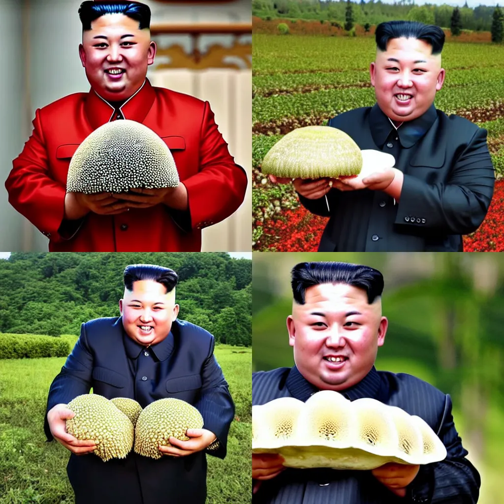 Prompt: kim jong un happily holding a giant genetically modified amanita muscaria mushroom that will feed his nation, bbc reporting, an agricultural breakthrough endorsed by the great leader