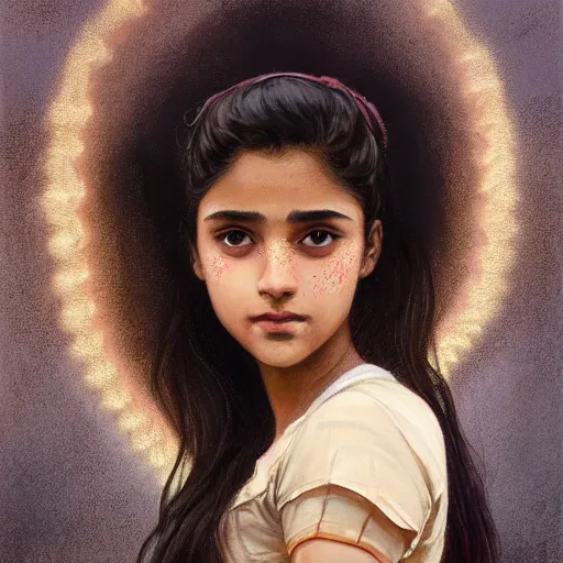 Prompt: portrait of a british teenage girl with wavy black hair, mixed desi girl with dark brown skin, half english half indian, glowing skin, fantasy, intricate, elegant, dress shirt, school uniform, highly detailed, digital painting, artstation, concept art, smooth, sharp focus, illustration, art by Krenz Cushart and Artem Demura and alphonse mucha