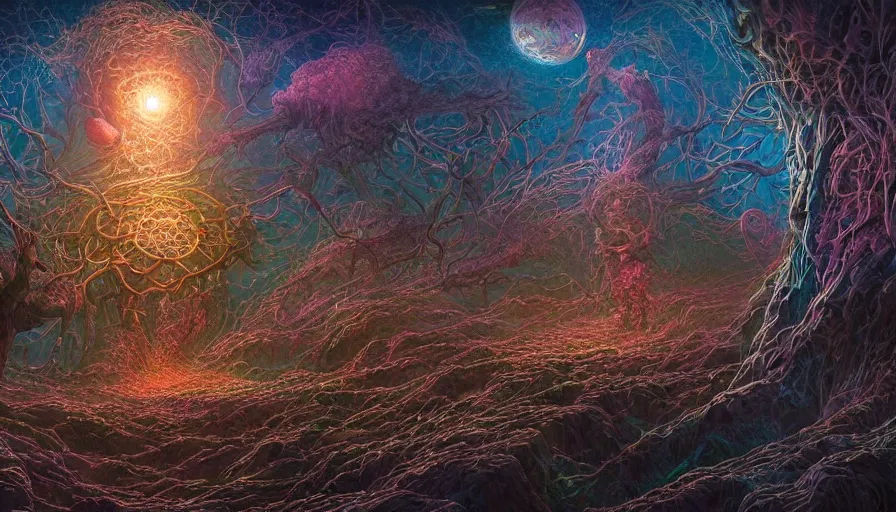 Prompt: masterpiece digital art by dan mumford ted nasmith, color hues, octane render trending on artstation, a concept matte painting of internal lymphocyte virion rawandrendered synaptic fractality transmission embryonic beholder glial neurons cyberpunk eyewire nerve cells microscopic plankton glowing neuronal brain cell synapse by wojtekfus facey rossdraws