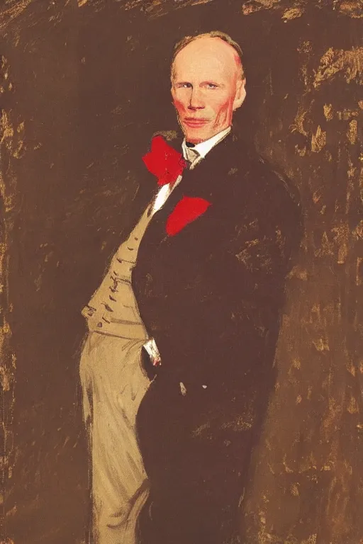 Prompt: portrait of ed harris as a gentleman wearing a a red edwardian suit by walter sickert, john singer sargent, and william open