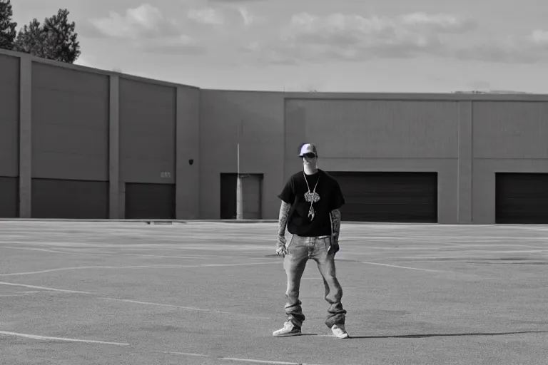 Image similar to eminem in an empty parking lot, close up shot