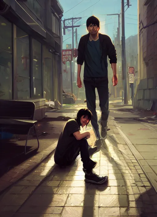 Image similar to Highly detailed full-body portrait of homeless and beaten up Martin Shkreli, in GTA V, Stephen Bliss, unreal engine, fantasy art by Greg Rutkowski, Loish, Rhads, Makoto Shinkai and Lois van baarle, ilya kuvshinov, rossdraws, Tom Bagshaw, global illumination, radiant light, detailed and intricate environment