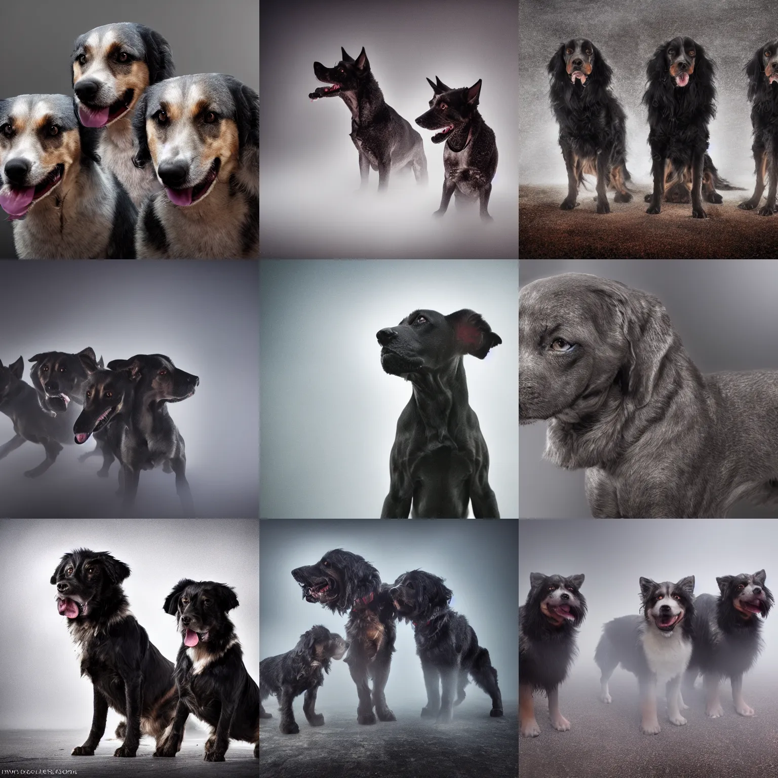 Prompt: cerberus. professional studio photography. foggy background. hdr 8 k.