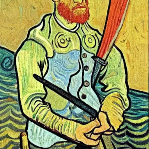 Image similar to fry with a sword, painting, artwork by van gogh