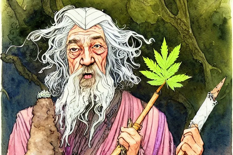 Image similar to a realistic and atmospheric watercolour fantasy character concept art portrait of gandalf with pink eyes lying on his back looking happy and confused and smoking weed out of his pipe with a pot leaf nearby, by rebecca guay, michael kaluta, charles vess and jean moebius giraud