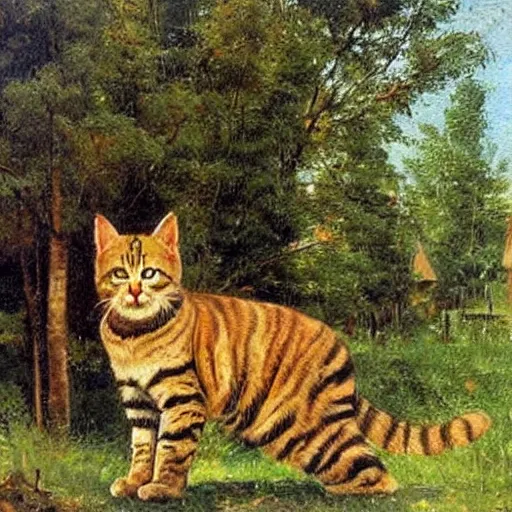 Image similar to huge cat near houses, oil painting by Ivan Shishkin