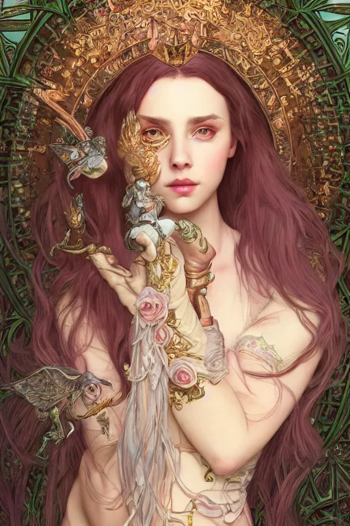 Prompt: Billie Ellish Goddess, cute, fantasy, intricate, elegant, highly detailed, digital painting, 4k, HDR, concept art, smooth, sharp focus, illustration, art by artgerm and H R Giger and alphonse mucha