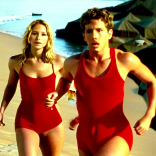 Prompt: movie still of jennifer lawrence as CJ in Baywatch, running