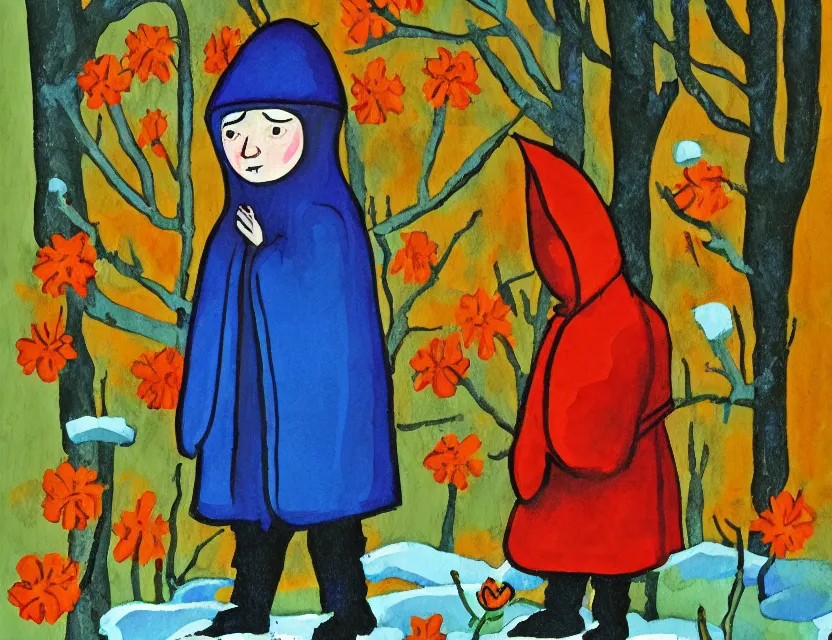 Prompt: flower priest of winter woods. gouache, limited palette with complementary colors, children's cartoon, backlighting, bold composition, depth of field.