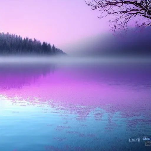 Image similar to A lake covered in purple mist. Award-winning digital art; trending on ArtStation