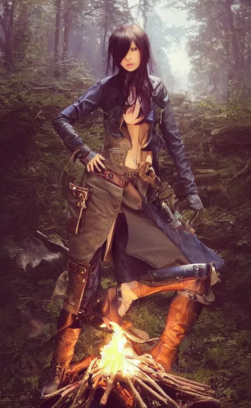 Image similar to a girl from final fantasy live action, with short black hair and green eyes in a tan trenchcoat sitting on a log and drinking tea by the campfire by her steampunk motorcycle at night under the stars, evocative, mystical night, very very very very detailed, award winning, masterpiece digital painting by greg rutkowski, alex grey, artstation, 4 k wallpaper