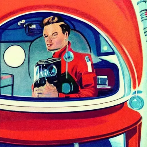 Prompt: astronaut in space suit sitting in a 1950s diner, in the style of Chesley Bonestall, red purple black colors,