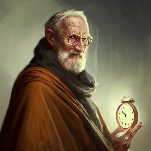 Prompt: Portrait of an elderly wizard wearing a cloak with clock iconography, detailed face, fantasy, highly detailed, cinematic lighting, digital art painting by greg rutkowski