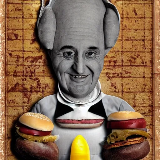 Prompt: a amazing new surrealist hybrid of the pope mixed with an anthropomorphic cheeseburger made of the popes face by kandinskali and catrin welz - stein, melting cheese, steamed buns, grilled artichoke, sliced banana, salami, milk duds, licorice allsort filling