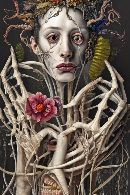 Image similar to Detailed maximalist portrait of a greek god with large lips and eyes, scared expression, botanical anatomy, skeletal with extra flesh, HD mixed media, 3D collage, highly detailed and intricate, surreal illustration in the style of Jenny Saville, dark art, baroque, centred in image