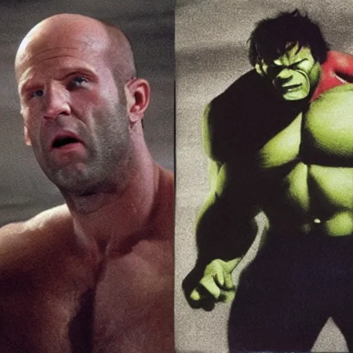 Prompt: jason statham as hulk in 1 9 7 7 movie