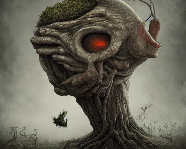 Prompt: a surreal painting of a bizarre otherworldly creature standing in a small eerie village, by anton semenov