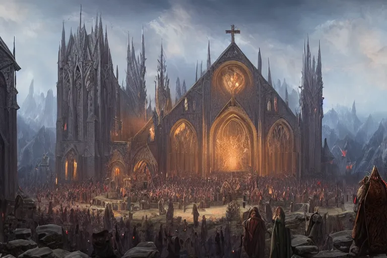 Prompt: gathering outside of extremely large church, mountainous, beautiful, d & d, fantasy, intricate, elegant, highly detailed, digital painting, epic wide shot, trending on artstation, concept art, matte, sharp focus, illustration, art by noah bradley, scott m fischer, greg rutkowski, john avon