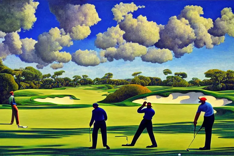 Image similar to Three golfers on a beautiful golf course, wonderous could formations in sky, by Diego Rivera