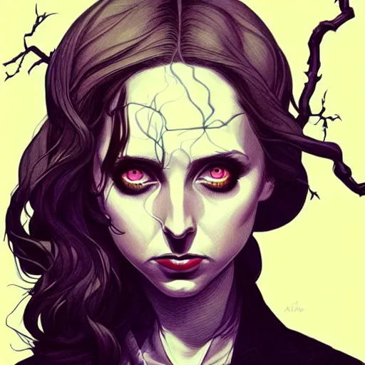 Prompt: in the style of joshua middleton, beautiful alison brie magician, black magic spells, creepy pose, bioshock, spooky, symmetrical face symmetrical eyes, three point lighting, detailed realistic eyes, aquapunk, insanely detailed and intricate elegant, artgerm, underwater home