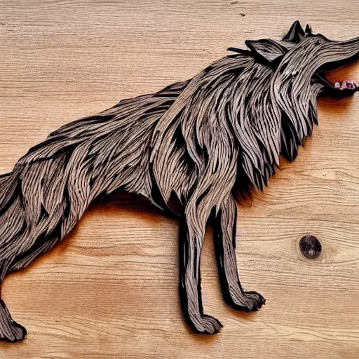 Prompt: detailed wolf howling made out of wood