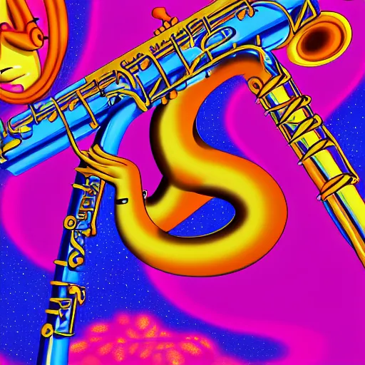 Prompt: Lisa Simpson falling into a giant saxophone, psychedelic art, uhd, matte painting