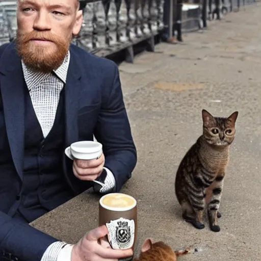 Prompt: mcgregor is dressed as a gentleman at early 2 0 th century paris. he is having a coffee at the banks of river seine. ewan mcgregor has a coffee cup on his hand. next to him is a small brown cat with yellow glowing eyes, by jack kirby