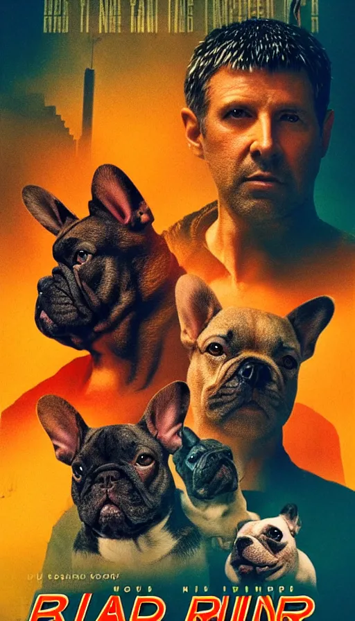 Prompt: movie poster of blade runner with french bulldogs, highly detailed, hyper realistic, large text, low saturation