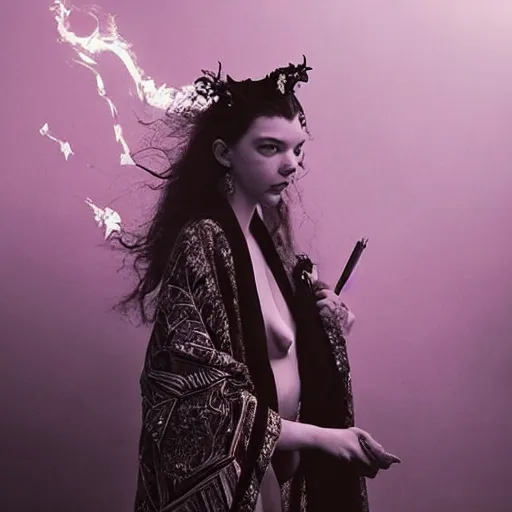 Image similar to black and white pen and ink!!!!!!! sorcerer beautiful attractive long hair Anya Taylor-Joy wearing High Royal flower print robes flaming!!!! final form sensual flowing ritual royal!!! Contemplative stance Vagabond!!!!!!!! floating magic witch!!!! glides through a beautiful!!!!!!! Camellia!!!! Tsubaki!!! death-flower!!!! battlefield behind!!!! dramatic esoteric!!!!!! Long hair flowing dancing illustrated in high detail!!!!!!!! by Hiroya Oku!!!!!!!!! graphic novel published on 2049 award winning!!!! full body portrait!!!!! action exposition manga panel black and white Shonen Jump issue by David Lynch eraserhead and beautiful line art Hirohiko Araki!! Frank Miller, Kentaro Miura!, Jojo's Bizzare Adventure!!!! 3 sequential art golden ratio technical perspective panels horizontal per page