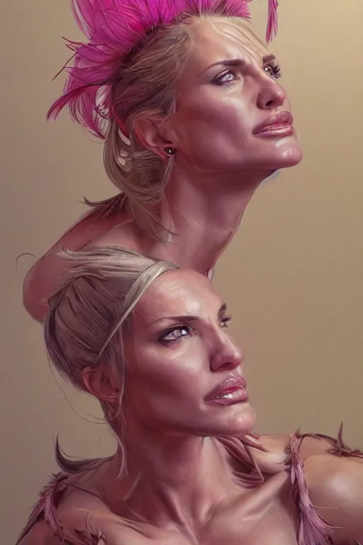 Image similar to muscled Cameron Diaz as a ruggedly handsome hero wearing pink feathers, intricate, elegant, tasteful, highly detailed, centered, digital painting, artstation, concept art, smooth, sharp focus, illustration, art by artgerm and donato giancola and Joseph Christian Leyendecker, WLOP