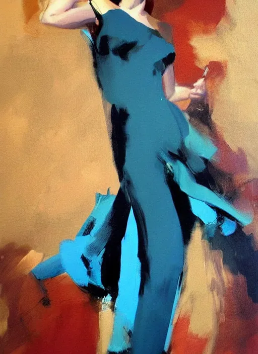 Prompt: fashion model in blue dress, painting by phil hale, fransico goya,'action lines '!!!, graphic style, visible brushstrokes, motion blur, blurry, visible paint texture, crisp hd image