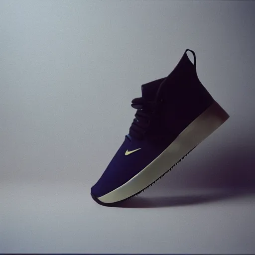 Image similar to a studio photoshoot of A Nike sneaker designed by Jerry Lorenzo, Fear of God, minamalist, realistictic, color film photography by Tlyer Mitchell, 35 mm, graflex