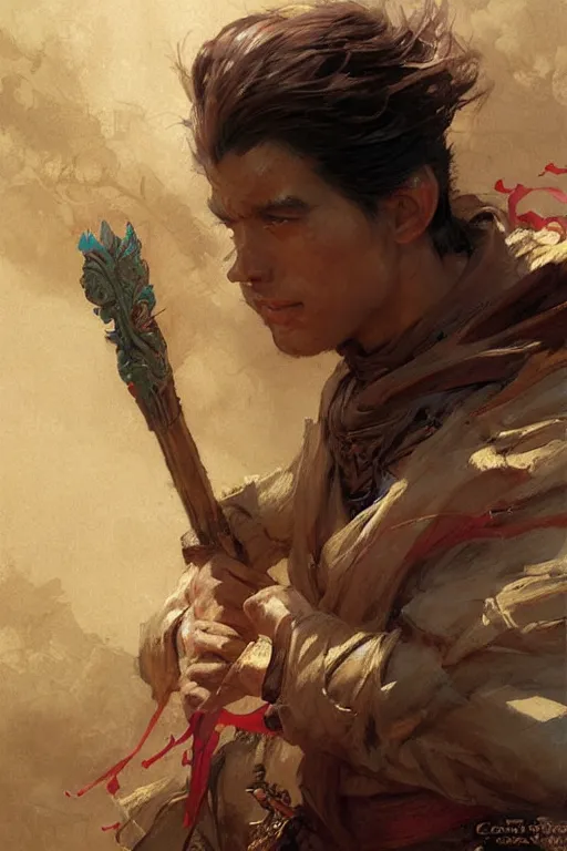 Prompt: attractive man, character design, wuxia, colorful, painting by gaston bussiere, craig mullins, greg rutkowski, j. c. leyendecker