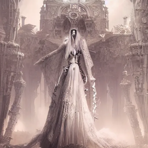 Image similar to female gothic robots with human organ and face, dressed in white intricate lace, veils and jewels, epic environment, matte painting, diffused lighting, highly detailed, cinematic, epic atmosphere, digital art, trending on artstation, wide angle